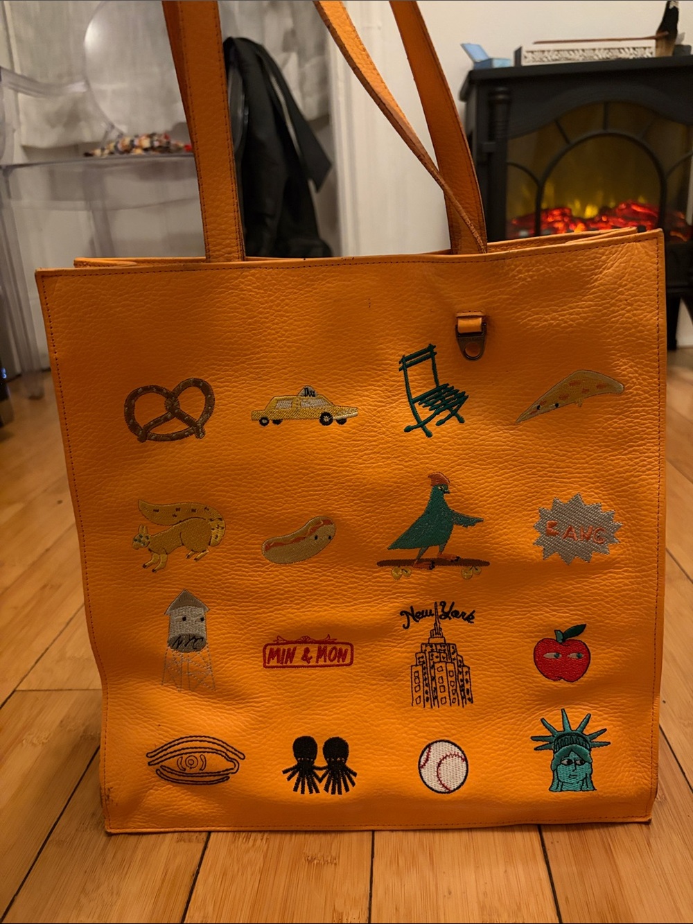 Min & Mon Orange Leather NYC Embroidered Tote Bag